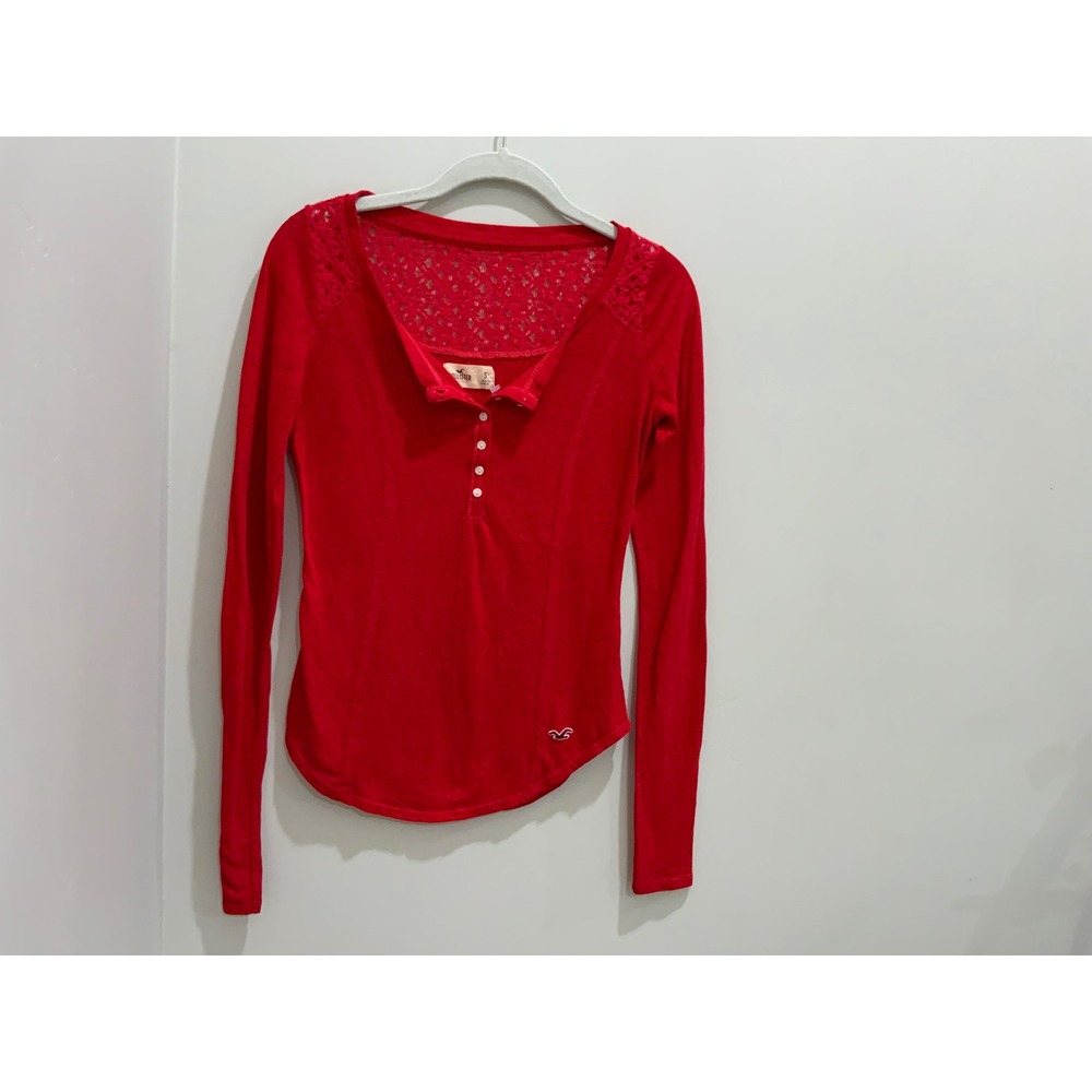Hollister Red Lace Shoulder Henley Long Sleeve Shirt Womens‎ Size Small